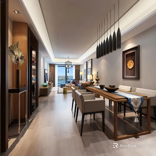 Elegant Modern Restaurant Interior With Wooden Dining Table Chairs Pendant Lights And Wall Art 3d model 