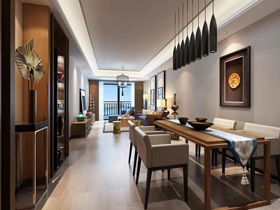 Elegant Modern Restaurant Interior With Wooden Dining Table Chairs Pendant Lights And Wall Art 3d model