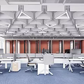 Modern Public Office Space Interior With Geometric Ceiling Glass Partitions And Blue Carpet
