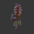 Block Style Floating Island Scenery with Red Tree Purple Building and Misty Cloud Base