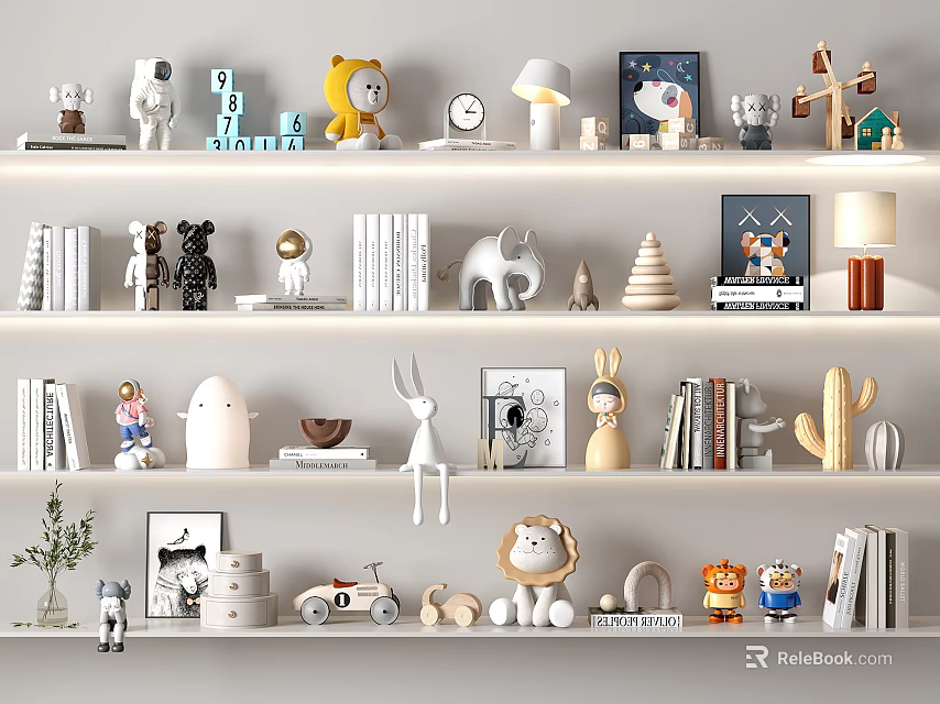 Warm Home Decorative Ornament Sets Featuring Animal Figurines Books Lamps And Frames On Shelves 3d model 