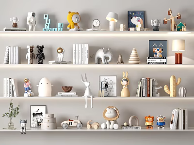 Warm Home Decorative Ornament Sets Featuring Animal Figurines Books Lamps And Frames On Shelves 3d model