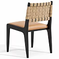 Modern Single Chair With Woven Backrest Black Wooden Frame And Light Brown Leather Seat