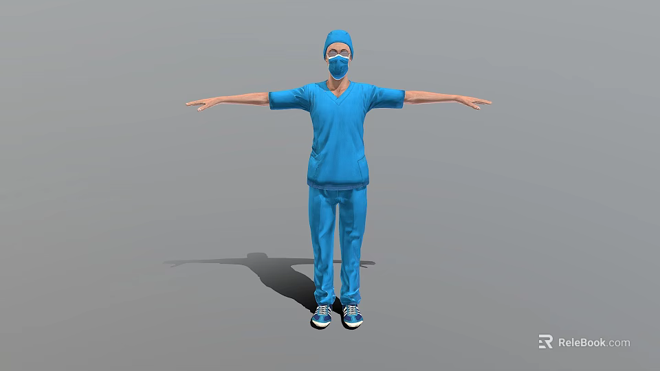 Man in Blue Scrubs With Blue Cap Face Mask And Arms Outstretched Wearing Sneakers 3d model 