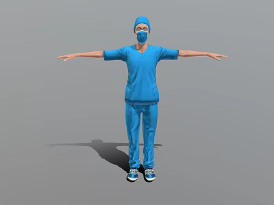 Man in Blue Scrubs With Blue Cap Face Mask And Arms Outstretched Wearing Sneakers 3d model