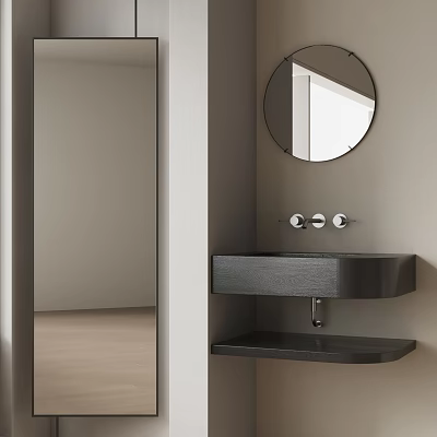 Modern Wall Mounted Bathroom Sink with Round Mirror and Chrome Faucet 3d model