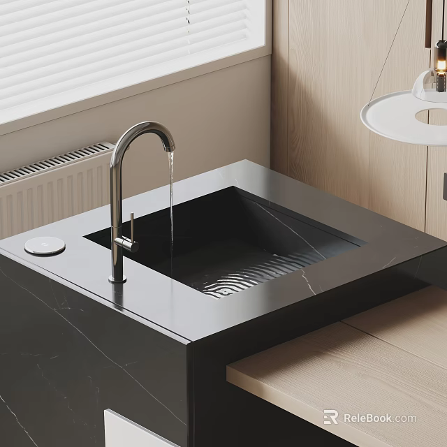 Black Marble Washbasin Featuring Silver Faucet Water Dripping and Soap Dish with Wooden Cabinet 3d model 