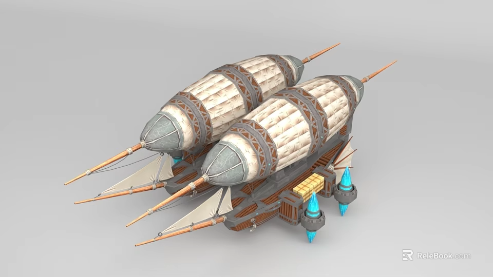 Decorative Fantasy Airships With Intricate Wooden Structure And Blue Accents 3d model 
