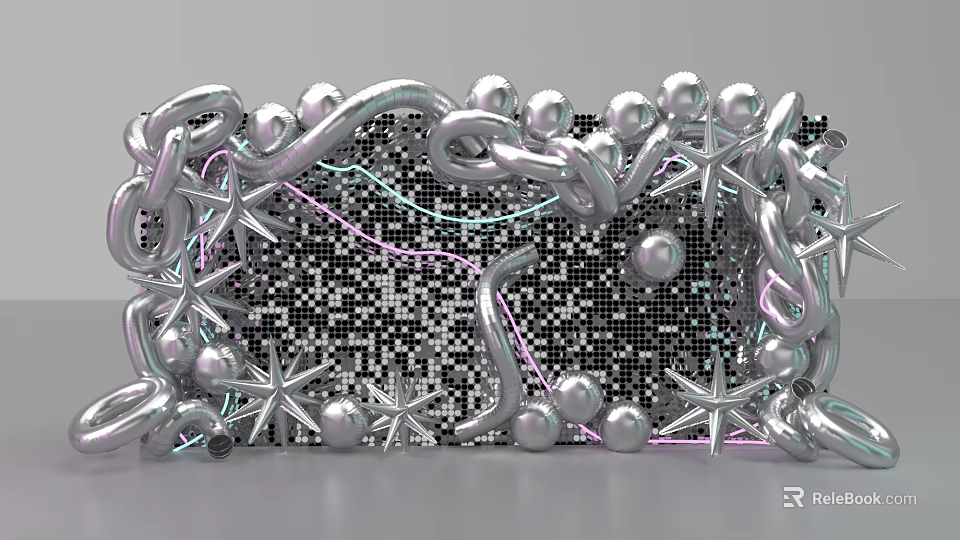Silver Chains Spheres And Starfish Decorative Photo Check-in Spot With Black Mosaic Background 3d model 