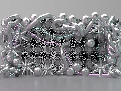 Silver Chains Spheres And Starfish Decorative Photo Check-in Spot With Black Mosaic Background 3d model