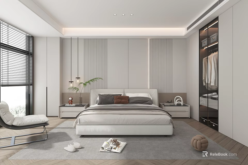 Modern Bedroom Interior Design With White Bed Nightstands Floor to Ceiling Windows Blinds And Wardrobe 3d model 
