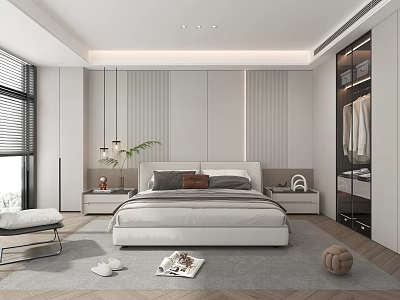 Modern Bedroom Interior Design With White Bed Nightstands Floor to Ceiling Windows Blinds And Wardrobe 3d model