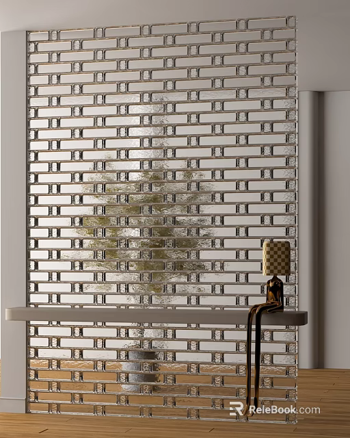 Modern Glass Brick Wall Interior with Stylish Table Lamp and Decorative Design Elements 3d model