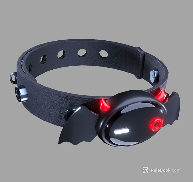 Black Pet Collar With Bat Wings Design And Red Light Features 3d model