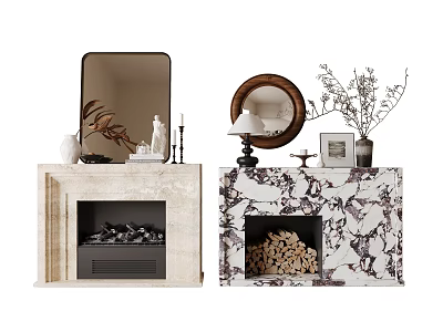 Elegant Stone And Marble Fireplaces With Decorative Mirrors Lamps Vases Dried Branches And Logs Inside 3d model