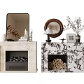 Elegant Stone And Marble Fireplaces With Decorative Mirrors Lamps Vases Dried Branches And Logs Inside