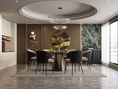 Modern Dining Room Interior With Round Table Black Chairs Chandelier Marble Wall And Green Plants 3d model