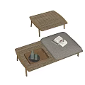 Modern Wooden Stools Featuring Woven Design With Tray Bottles Glasses And Books On Cushions