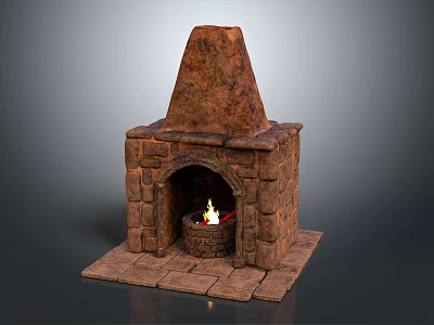 Traditional Rustic Stone Fireplace With Solid Stone Base Triangular Chimney And Burning Flames 3d model