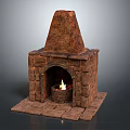 Traditional Rustic Stone Fireplace With Solid Stone Base Triangular Chimney And Burning Flames