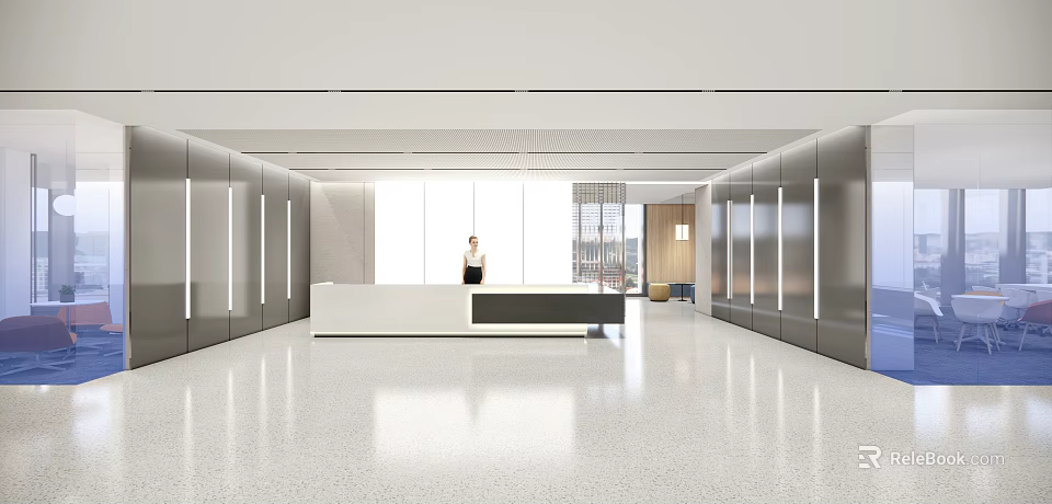 Modern Front Desk Reception Interior Design With Receptionist Polished Floor And Large Windows 3d model 