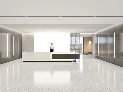 Modern Front Desk Reception Interior Design With Receptionist Polished Floor And Large Windows 3d model