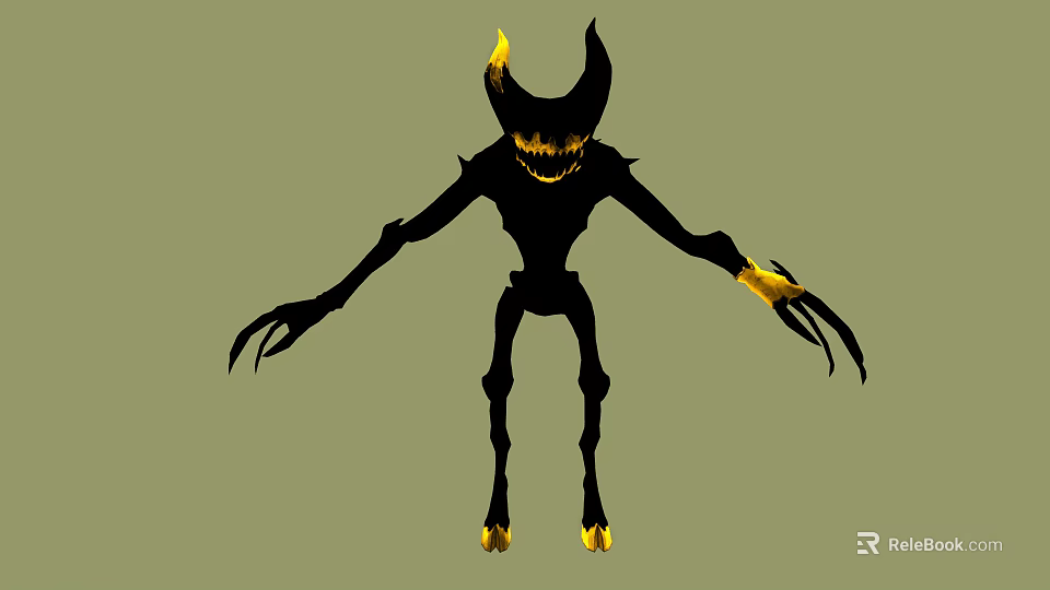 Black Silhouette Demon Creature With Long Limbs Yellow Horns Sharp Claws And Luminous Feet 3d model 