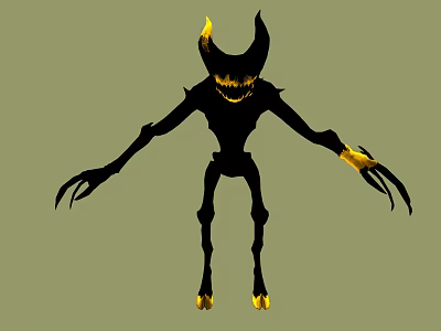 Black Silhouette Demon Creature With Long Limbs Yellow Horns Sharp Claws And Luminous Feet 3d model
