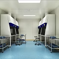 Cleanroom Interior With White Walls Blue Flooring Metal Workbench And Storage Cabinets