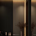 Entryway Hall With Dark Vertical Slat Wall Marble Elements And Decorative Vases 3d model
