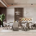 Modern Restaurant Dining Area With Wooden Elements Hanging Lights Fireplace Large Plant And Natural Light