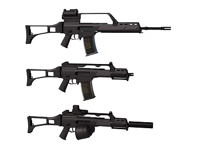 Three Black Assault Rifles Different Models With Magazines And Scope Attachments 3d model