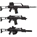 Three Black Assault Rifles Different Models With Magazines And Scope Attachments