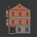 Traditional Three Story Red Brick Building With Gray Roof Windows And Storefront Signs