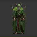 Mystical Forest Character Costume With Green Robe Antler Headdress And Plant Decorations