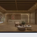 Elegant Hotel Lobby Interior With Wooden Ceiling Arched Doorway Reception Desk And Green Plant Decor
