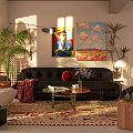 Black Sofa And Coffee Table Set With Colorful Rug Green Plants And Wall Art