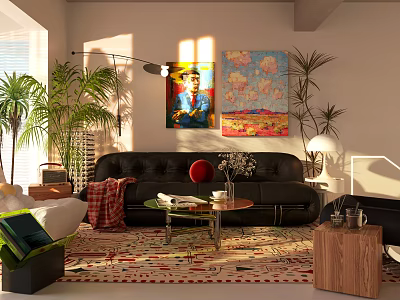 Black Sofa And Coffee Table Set With Colorful Rug Green Plants And Wall Art 3d model