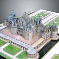 Historic Castle Architecture Model With Multiple Spires Towers Green Lawns And Water Moat