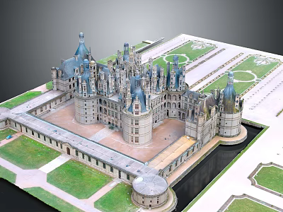 Historic Castle Architecture Model With Multiple Spires Towers Green Lawns And Water Moat 3d model