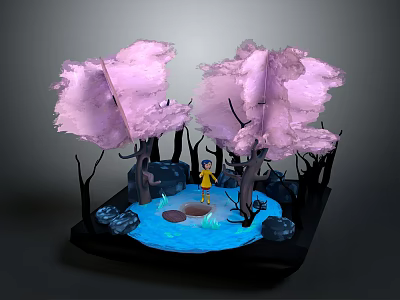 Cartoon Scene with Pink Purple Trees Dark Trunks Yellow Figure Blue Water and Black Stones 3d model