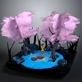 Cartoon Scene with Pink Purple Trees Dark Trunks Yellow Figure Blue Water and Black Stones