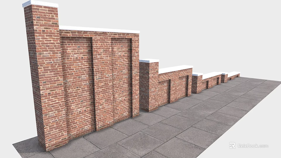 Outdoor Red Brick Wall Structures With Varying Heights And Gray Stone Pavement 3d model 