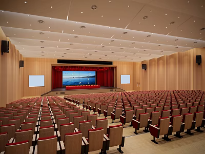Modern Large Conference Room With Red Seats Wooden Walls Stage And Projection Screens 3d model