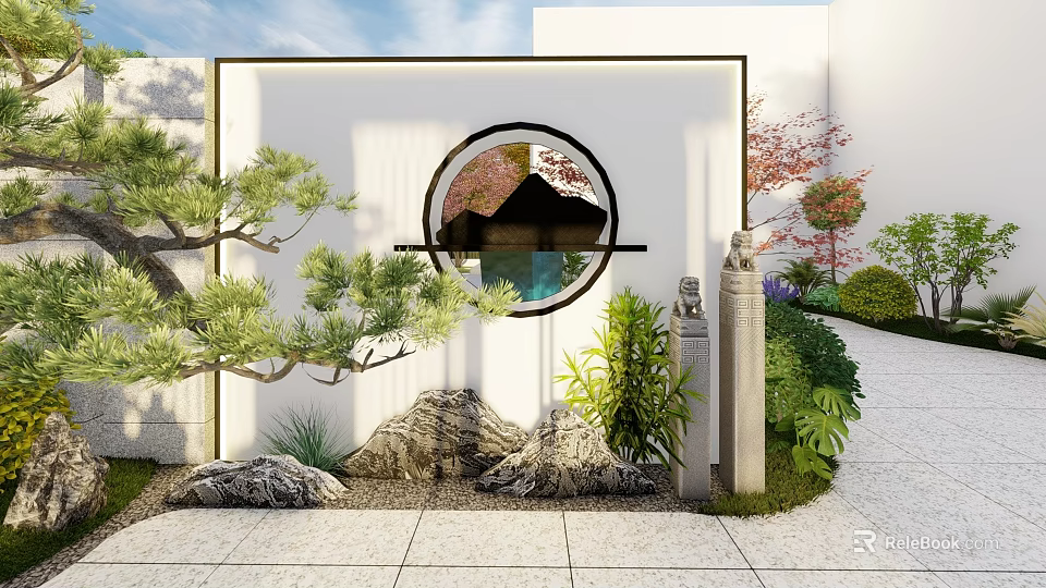 Traditional Chinese Garden Design With Circular Window Rockery Pine Trees And Stone Pathway 3d model 