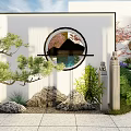Traditional Chinese Garden Design With Circular Window Rockery Pine Trees And Stone Pathway