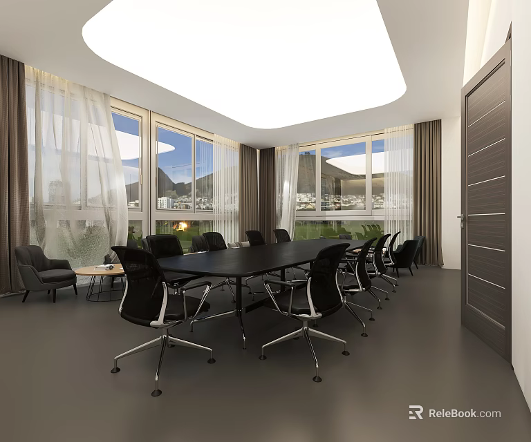 Modern Conference Room with Long Black Table Ergonomic Chairs Large Windows Curtains and Ceiling Light 3d model 