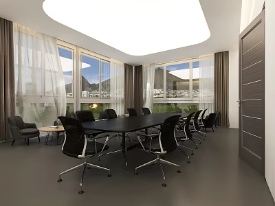 Modern Conference Room with Long Black Table Ergonomic Chairs Large Windows Curtains and Ceiling Light 3d model