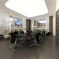 Modern Conference Room with Long Black Table Ergonomic Chairs Large Windows Curtains and Ceiling Light