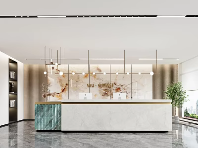 Modern Reception Desk With Elegant Marble Wall Decor Stylish Chandelier Lighting And Green Plant 3d model